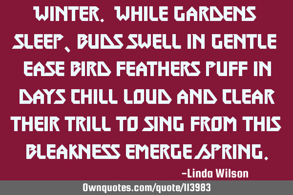 Winter. While gardens sleep, buds swell in gentle ease bird feathers puff in days chill loud and