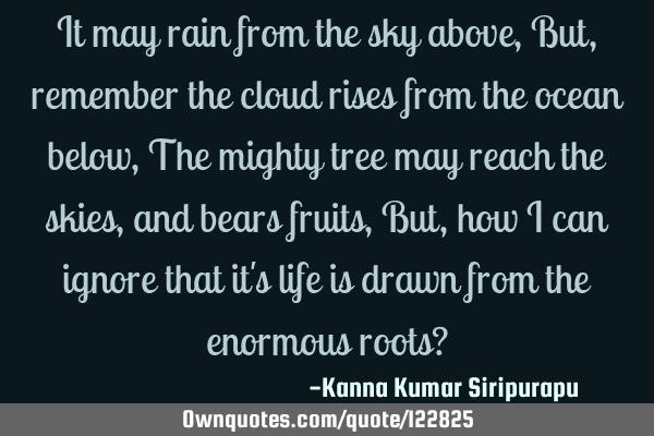 It may rain from the sky above, But, remember the cloud rises from the ocean below, The mighty tree