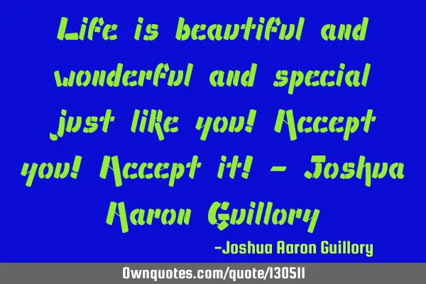 Life is beautiful and wonderful and special just like you! Accept you! Accept it! - Joshua Aaron G