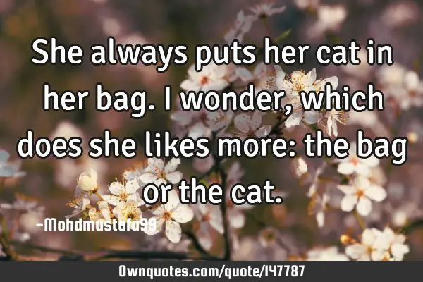 • She always puts her cat in her bag. I wonder , which does she likes more: the bag or the