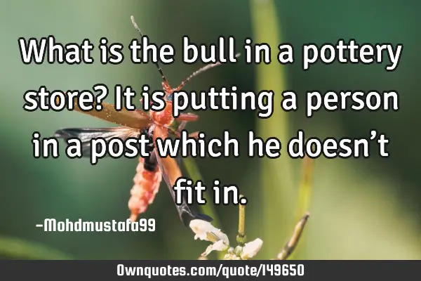 • What is the bull in a pottery store? It is putting a person in a post which he doesn’t fit