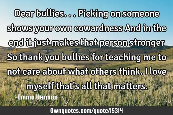 Dear bullies... Picking on someone shows your own cowardness And in the end it just makes that