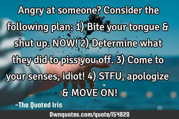 Angry at someone? Consider the following plan: 1) Bite your tongue & shut up. NOW! 2) Determine