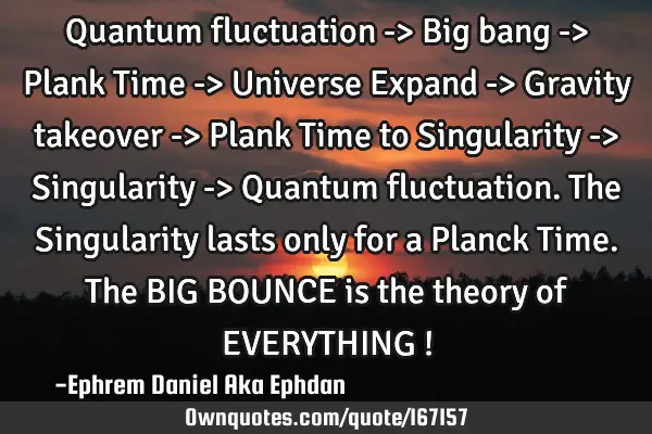 Quantum fluctuation -> Big bang -> Plank Time -> Universe Expand -> Gravity takeover -> Plank Time