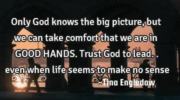 Only God knows the big picture, but we can take comfort that we are in GOOD HANDS. Trust God to