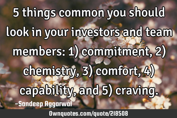 5 things common you should look in your investors and team members: 1) commitment, 2) chemistry, 3)