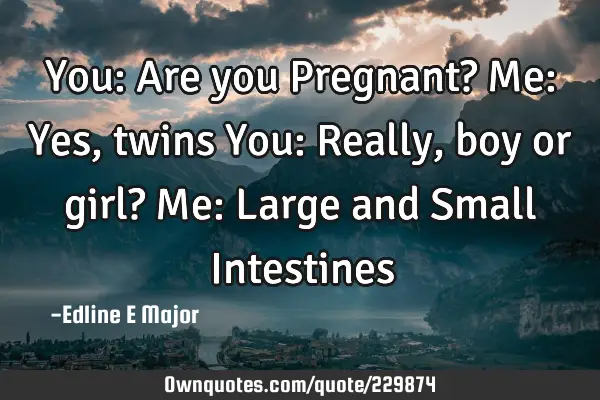 You: Are you Pregnant?
Me: Yes, twins
You: Really, boy or girl?
Me: Large and Small Intestines

