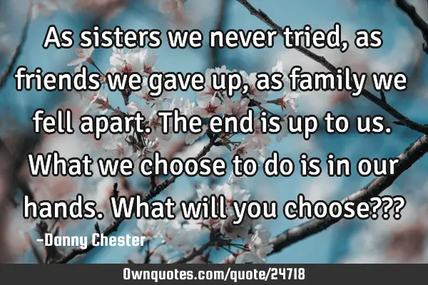 As sisters we never tried, as friends we gave up, as family we fell apart. The end is up to us. W