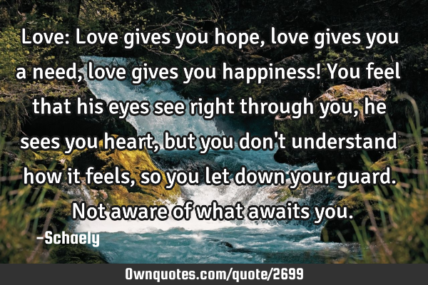 Love: Love gives you hope, love gives you a need , love gives you happiness! You feel that his eyes