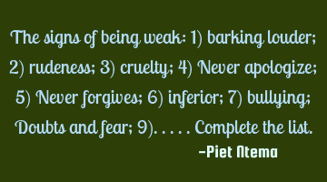 The signs of being weak: 1) barking louder; 2) rudeness; 3) cruelty; 4) Never apologizes; 5) Never