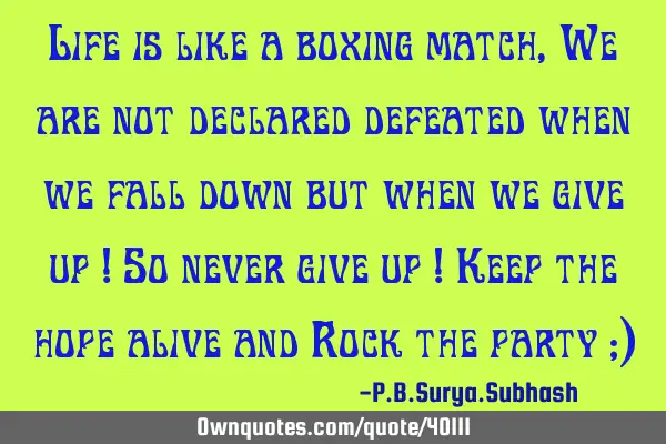 Life is like a boxing match, We are not declared defeated when we fall down but when we give up ! S