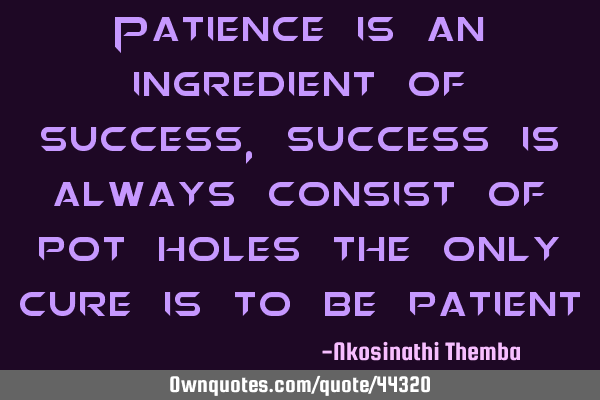 Patience is an ingredient of success, success is always consist of pot holes the only cure is to be