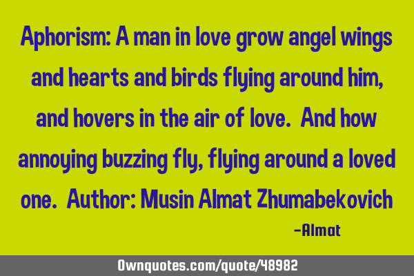 Aphorism: A man in love grow angel wings and hearts and birds flying around him, and hovers in the