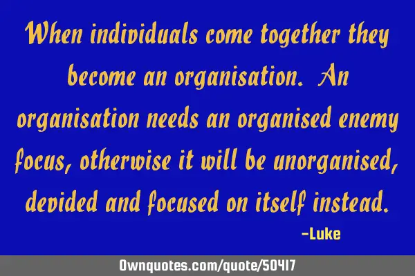 When individuals come together they become an organisation. An organisation needs an organised