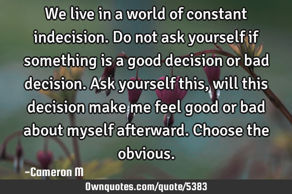 We live in a world of constant indecision. Do not ask yourself if something is a good decision or