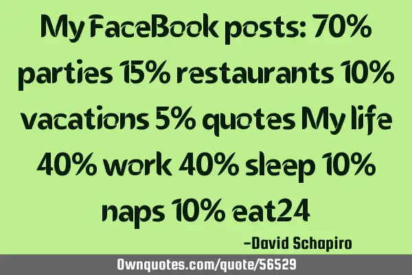 My FaceBook posts: 70% parties 15% restaurants 10% vacations 5% quotes My life 40% work 40% sleep 10