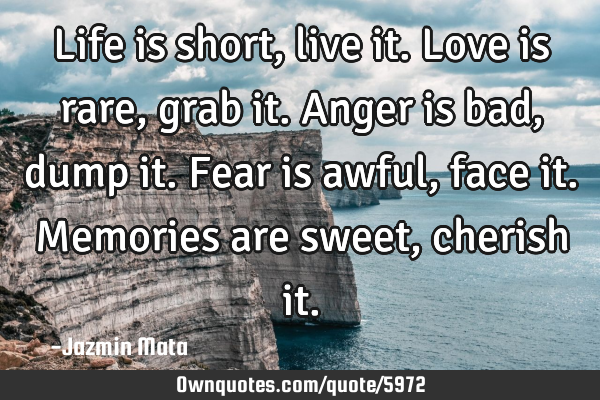 Life is short, live it. Love is rare, grab it. Anger is bad, dump it. Fear is awful, face it. M