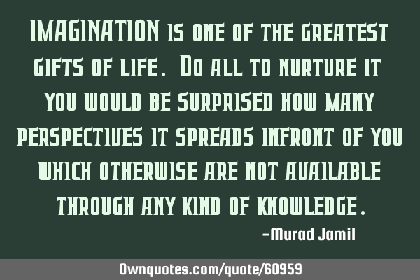 IMAGINATION is one of the greatest gifts of life. Do all to nurture it - you would be surprised how