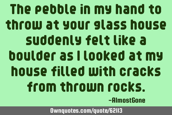 The pebble in my hand to throw at your glass house suddenly felt like a boulder as I looked at my