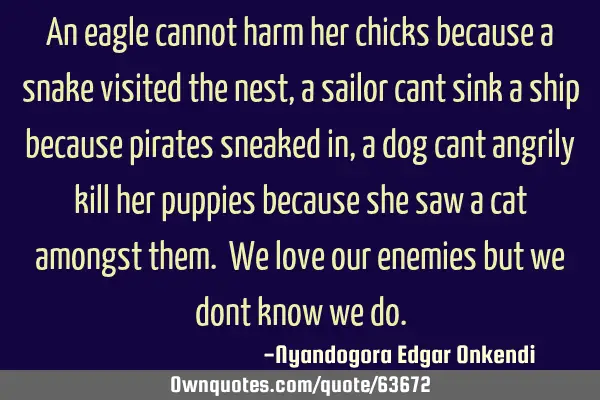 An eagle cannot harm her chicks because a snake visited the nest, a sailor cant sink a ship because