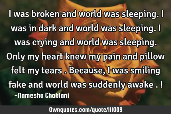 I was broken and world was sleeping. I was in dark and world was sleeping. I was crying and world