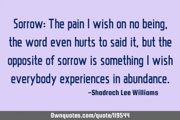 Sorrow: The pain i wish on no being, the word even hurts to said it, but the opposite of sorrow is