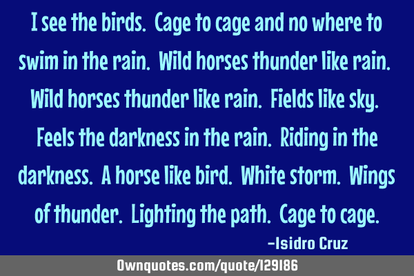 I see the birds. Cage to cage and no where to swim in the rain. Wild horses thunder like rain. Wild