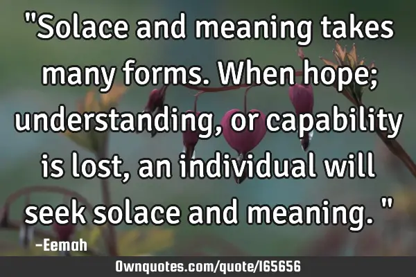 "Solace and meaning takes many forms. When hope; understanding, or capability is lost, an