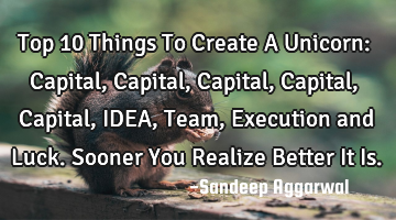 Top 10 Things To Create A Unicorn: Capital, Capital, Capital, Capital, Capital, IDEA, Team, E
