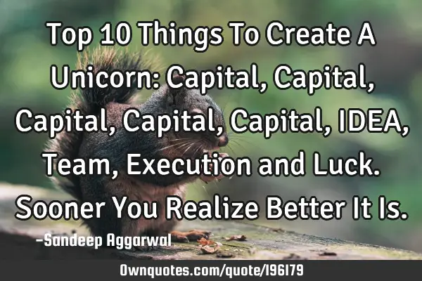 Top 10 Things To Create A Unicorn: Capital, Capital, Capital, Capital, Capital, IDEA, Team, E