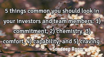5 things common you should look in your investors and team members: 1) commitment, 2) chemistry, 3)