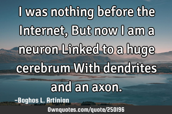 I was nothing before the Internet,


But now I am a neuron


Linked to a huge cerebrum


W