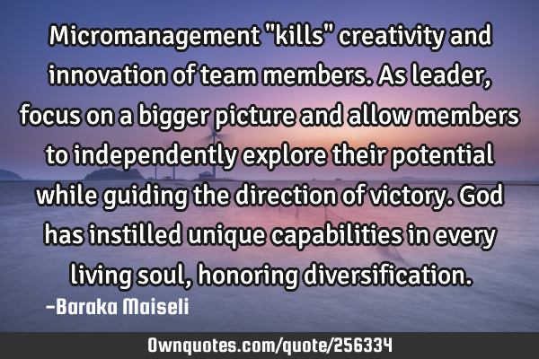 Micromanagement "kills"  creativity and innovation of team members. As leader, focus on a bigger