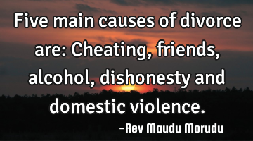 Five main causes of divorce are: Cheating, friends, alcohol, dishonesty and domestic violence.