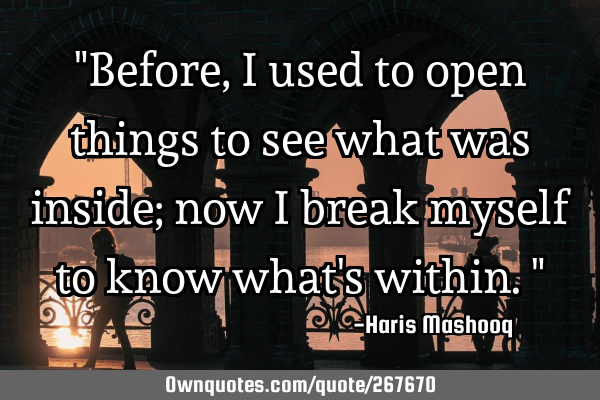 "Before, I used to open things to see what was inside; now I break myself to know what
