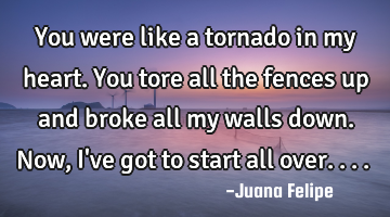 You were like a tornado in my heart. You tore all the fences up and broke all my walls down. Now, I