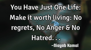 You Have Just One Life: Make it worth living: No regrets, No Anger & No Hatred...